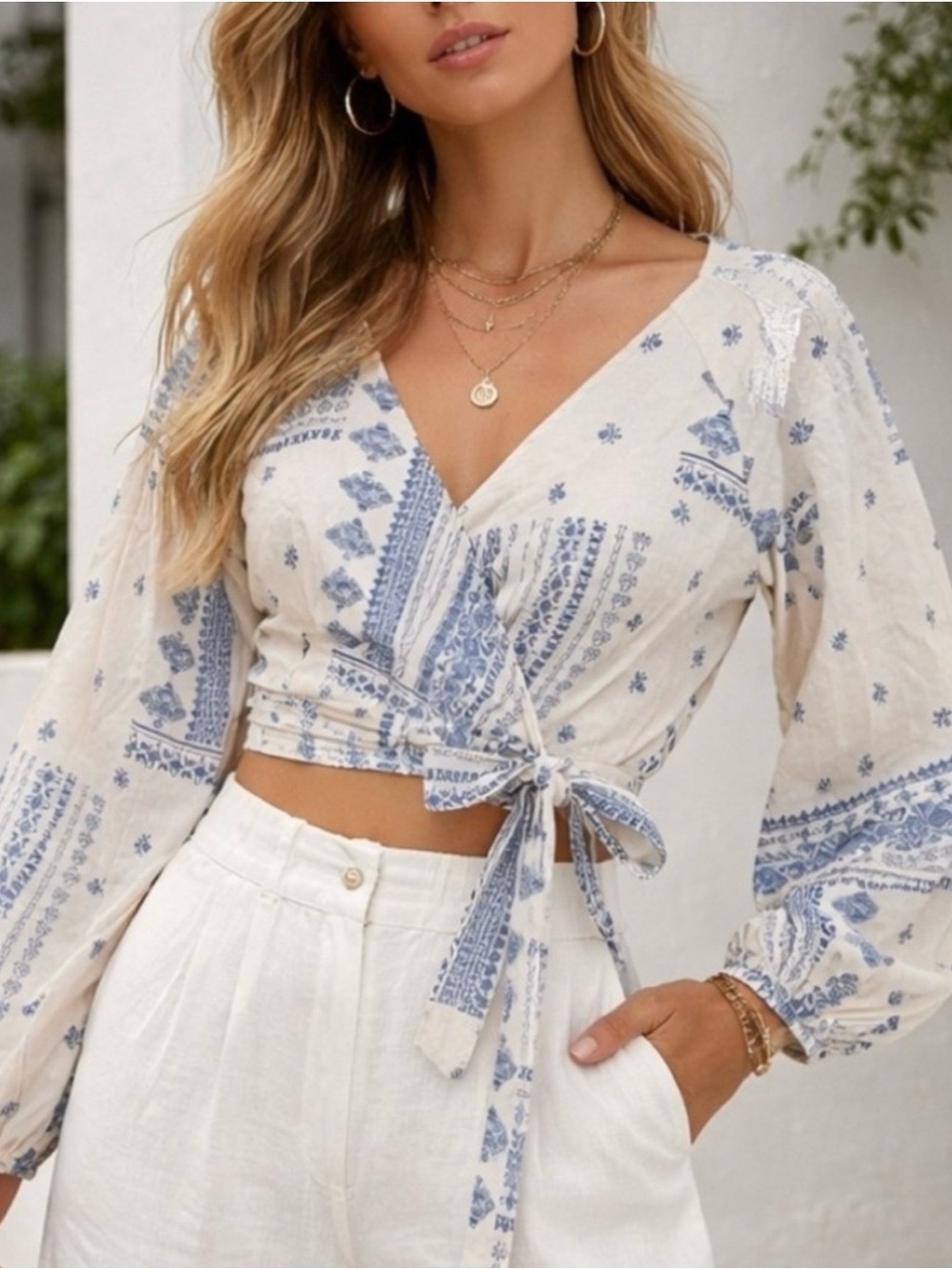 XL🩵Anthropologie Maison D'Amélie Cream / Blue Floral Wrap Crop Top Side Tie